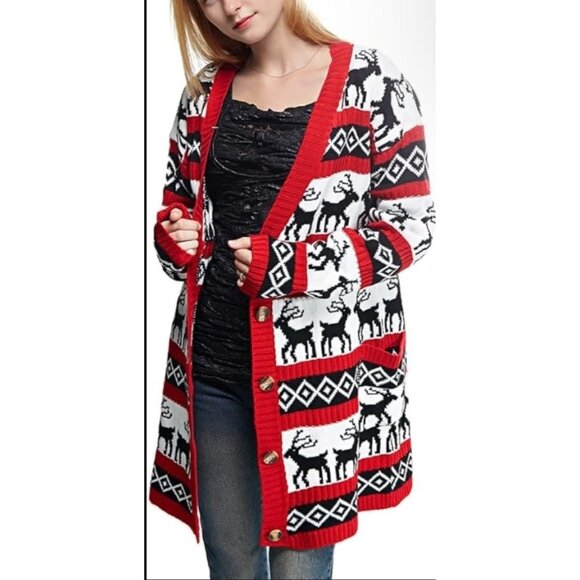 V28 Womens Ugly Christmas Cardigan Sweater XL Button Oversized Reindeer Long - Picture 1 of 6